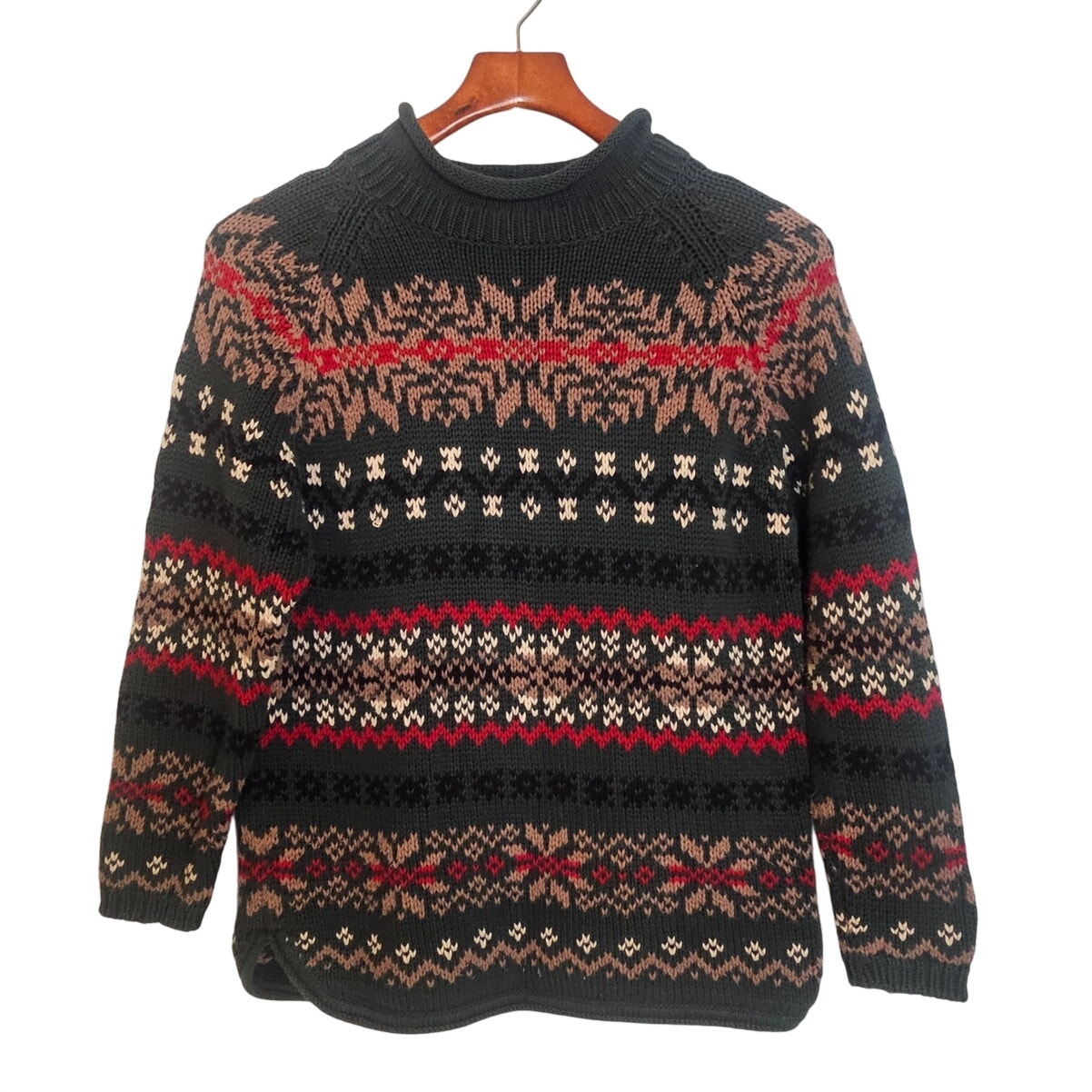 Eddie Bauer Vintage Green Nordic Fair Isle Mock Neck Petite Pullover Sweater